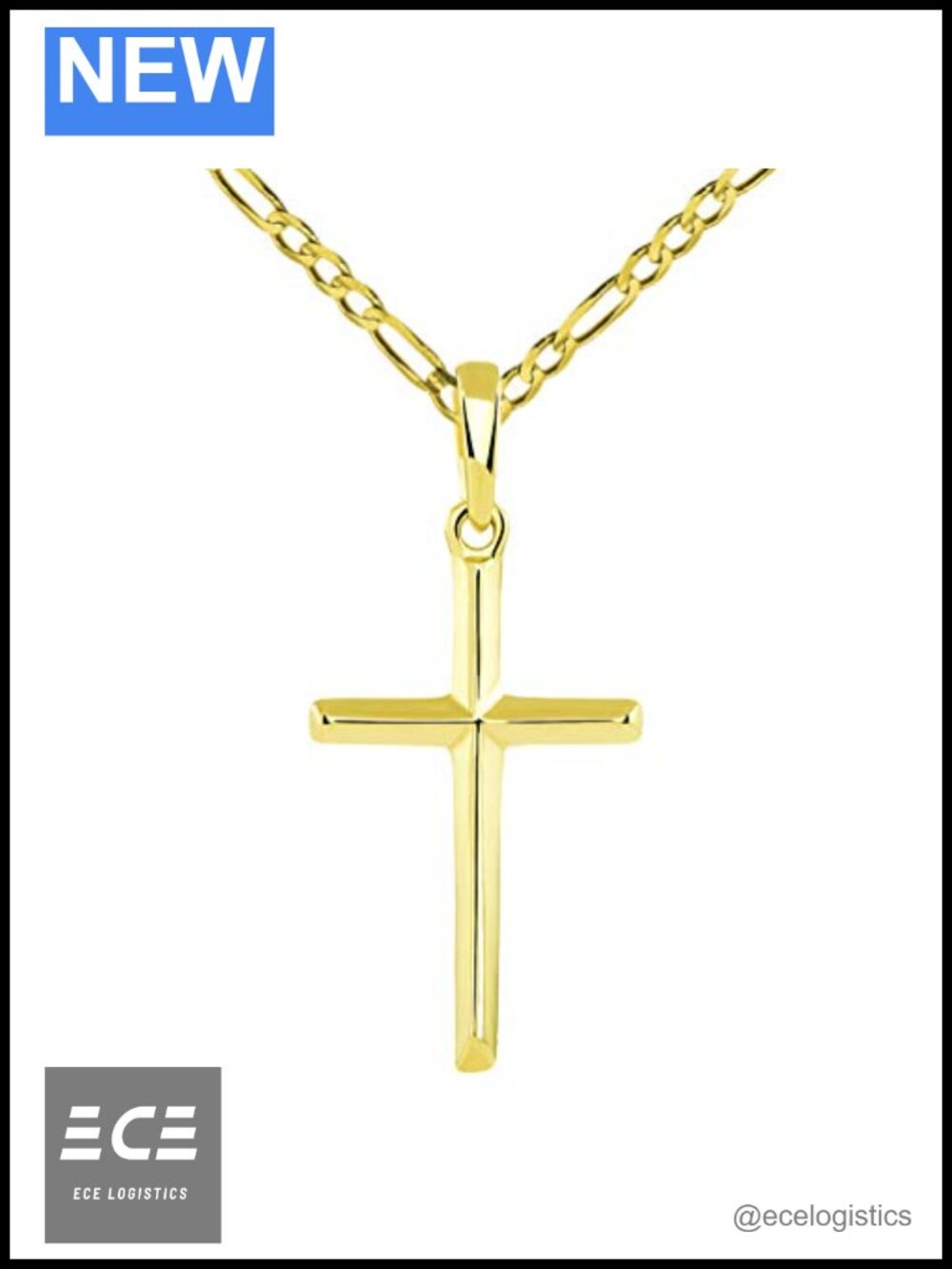 14K Solid Yellow Gold Religious Cross Pendant Figaro Chain Necklace